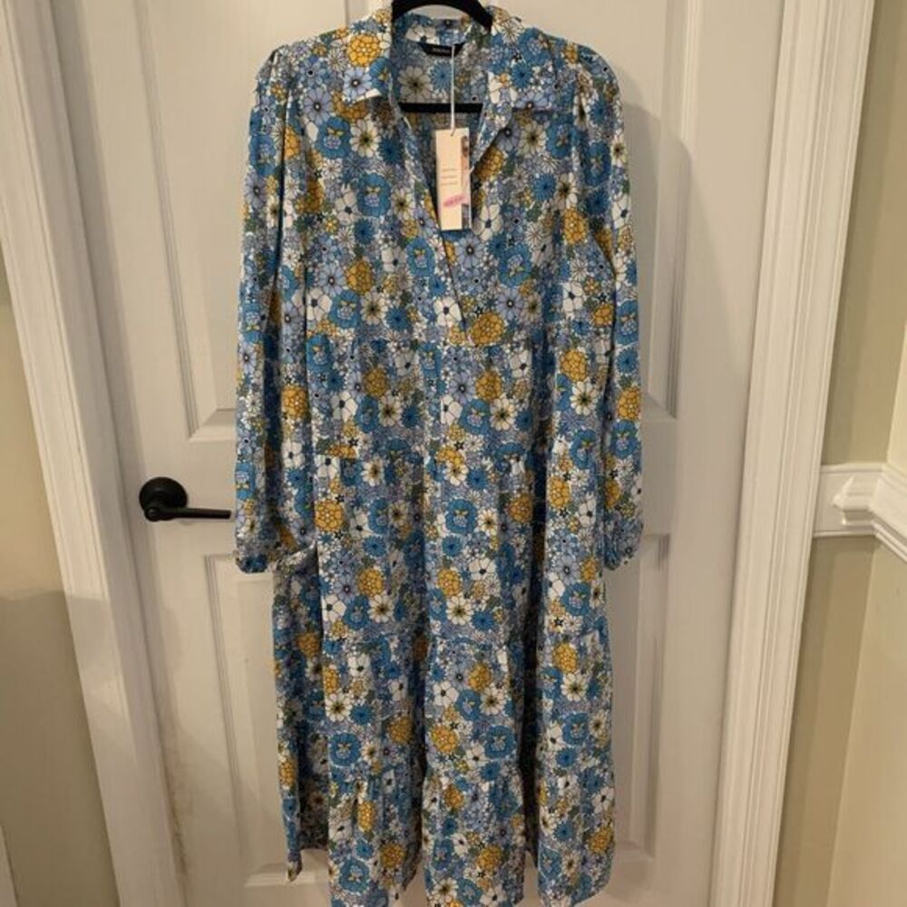 Dokotoo Women Boho Maxi Dress V Neck Long Puff Sleeve Tiers Ruffle Flow sz 2XL‎